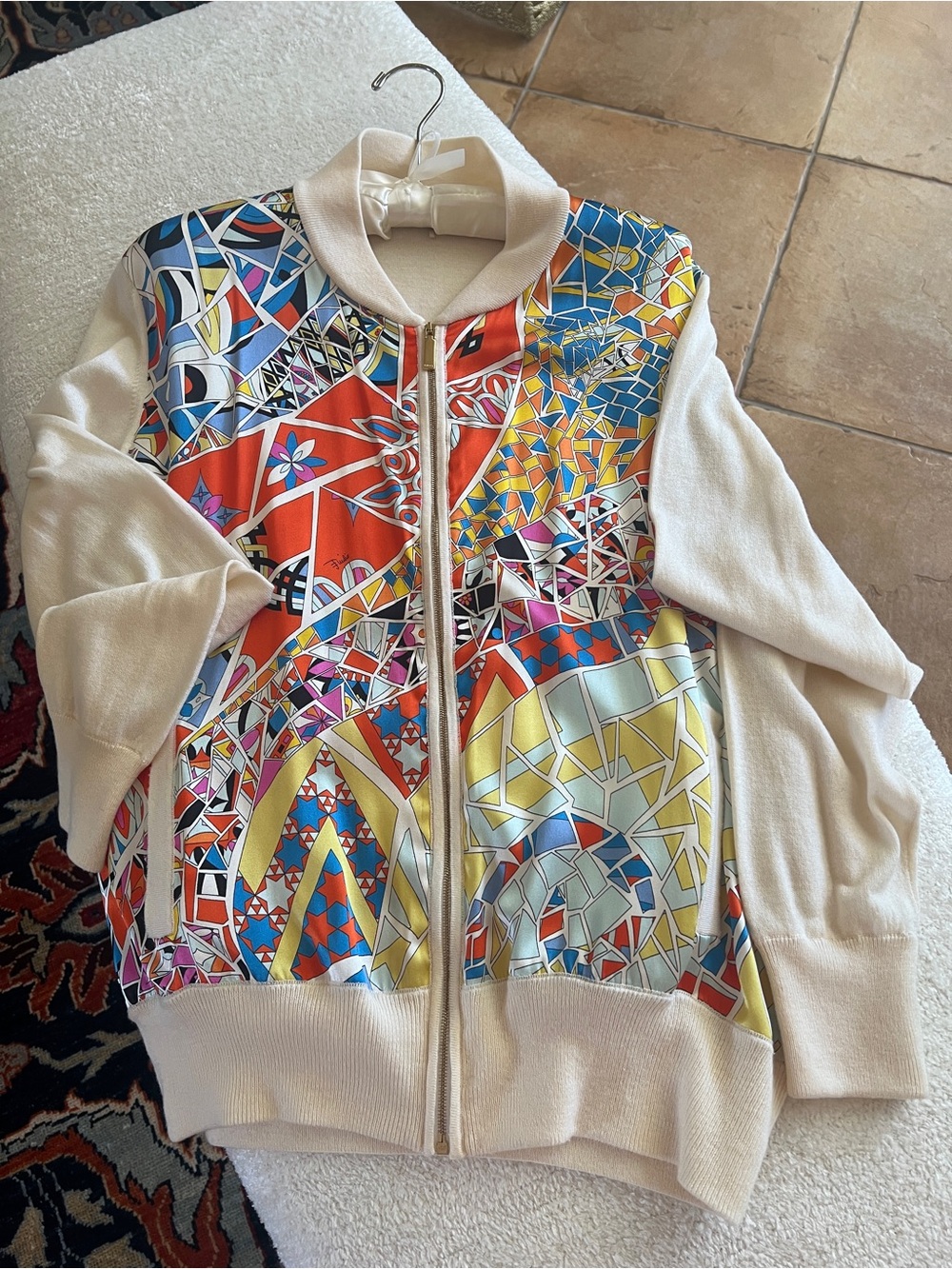 Emilio Pucci Multicolor Mosaic-Print Bomber Jacket with Cream Trim - Picture 2 of 12